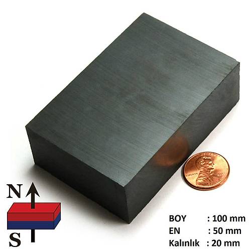 100x50x20 mm, Köşeli Mıknatıs, Seramik, Oksit, Kömür Magnet (Boy:100mm, En:50mm, Kalınlık:20mm)