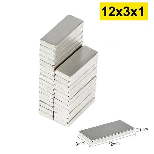 12x3x1 mm, Köşeli Neodyum Mıknatıs, Güçlü Magnet, (Boy:12mm, En:3mm, Kalınlık:1mm)