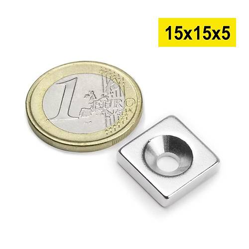 15x15x5 mm, Köşeli, Havşalı, Neodyum Mıknatıs, Güçlü Magnet, (Boy:15mm, En:15mm, Kalınlık:5mm)