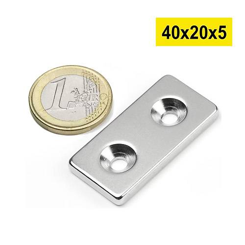40x20x5 mm, Köşeli, İki Havşalı, Neodyum Mıknatıs, Güçlü Magnet, (Boy:40mm, En:20mm, Kalınlık:5mm)