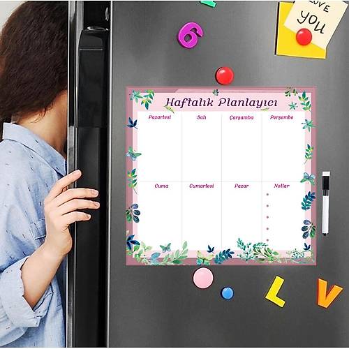 Floral Magnet Planlayıcı, Katlanabilir, Silinebilir, Mıknatıslı Yazı Tahtası Pano + 3 Kalem