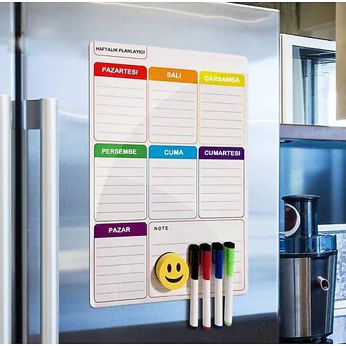 Haftalık Magnet Planlayıcı, 35x50 cm Katlanabilir, Silinebilir, Mıknatıslı Yazı Tahtası + 3 Kalem